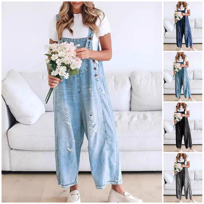 👖💙Дамски ежедневен дънков гащеризон с копчета и скъсани детайли — свободен, стилен✨