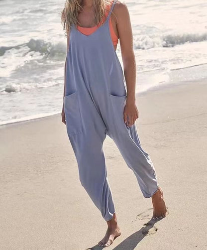 ❤️‍🔥Egyszínű, V-nyakú, vállpántos zsebes jumpsuit