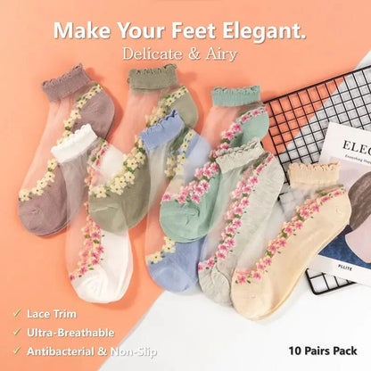 🌺🧦 Virágmintás csipkés női tavaszi-nyári bokazokni 👠