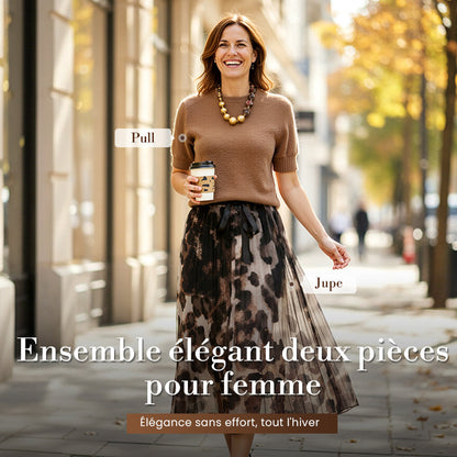 🍂✨ Elegancki zestaw 2-częściowy: krótki sweter z dzianiny + plisowana spódnica midi w panterkę — wyrafinowany, kobiecy, wyrafinowany 💠
