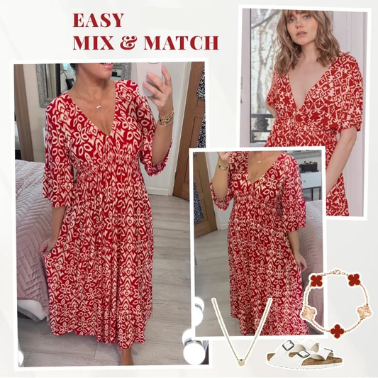 😍👗 Дамска бохо макси рокля с V-деколте и пояс – Лека принт, еластична талия, UK8–24 ✨