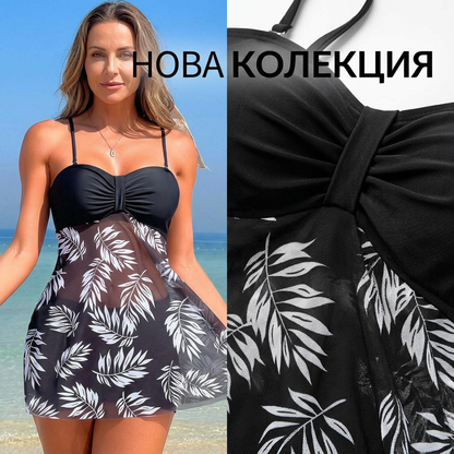 👙 Двучастен бански костюм за жени с цветен принт | Топ с подвижни тироки и бикини дънен с V-образна вратовръзка