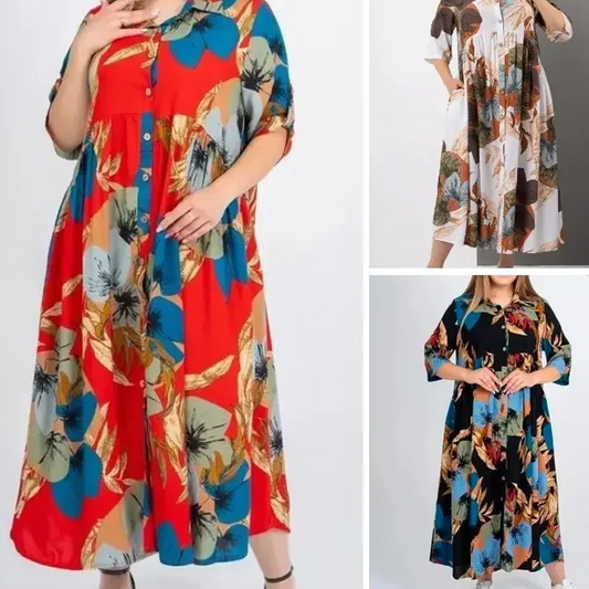 【2XL-4XL】🌺Женска дълга рокля със свободна ревера и печатни копчета