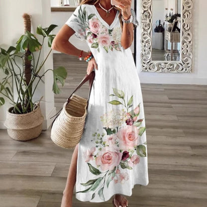 👗🌸Дамска рокля с флорални мотиви и V-образно деколте — елегантна, дишаща🌟