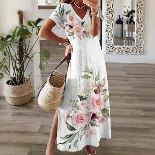 👗🌸Дамска рокля с флорални мотиви и V-образно деколте — елегантна, дишаща🌟