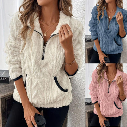 😍✨ Puszysta bluza z półzamkiem i kieszenią typu kangur, niezwykle miękka i ciepła — biała, niebieska, różowa, bordowa ❤️