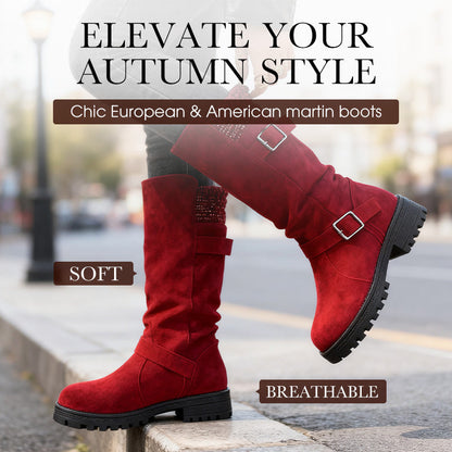 🍂✨ Buty typu slouchy z zamszowej skóry, z metalowymi klamrami, dzianinowym wykończeniem i grubą podeszwą — czerwone, szare, czarne, khaki — rozmiary EU 36–43 👢