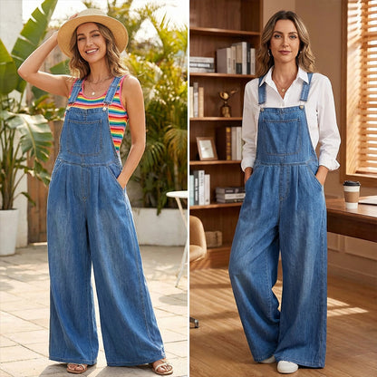 👗 ОГРАНИЧЕНО ВРЕМЕ - 50% ОТСТЪПКА! Дамски ежедневни дънкови гащеризони с широк крачол, регулируеми презрамки, свободен дънков гащеризон с нагръдник
