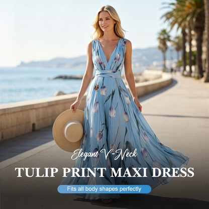 Elegant V-Neck Tulip Print Maxi Dress