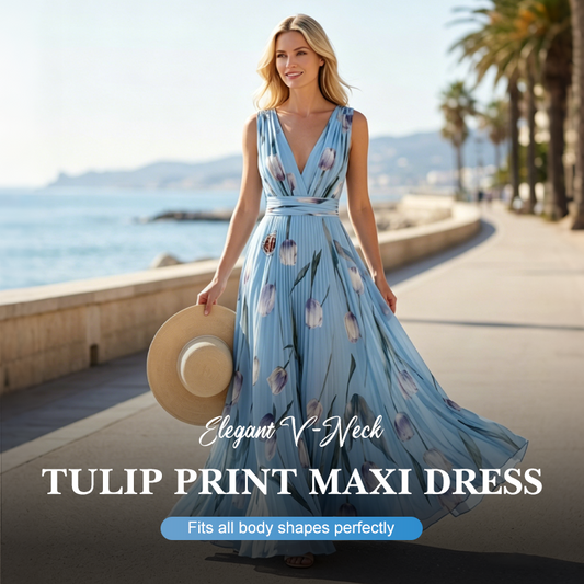 Elegant V-Neck Tulip Print Maxi Dress