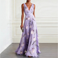 Elegant V-Neck Tulip Print Maxi Dress