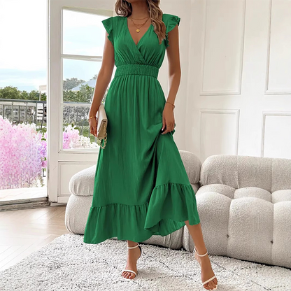 👗😍V-образно деколте с волани, макси рокля с акцент на талията