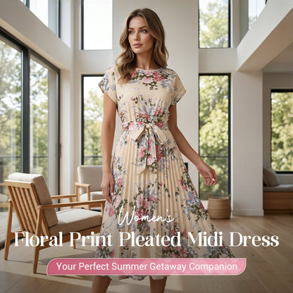 🌼👗Дамска рокля с флорален принт и плисирана средна дължина😍