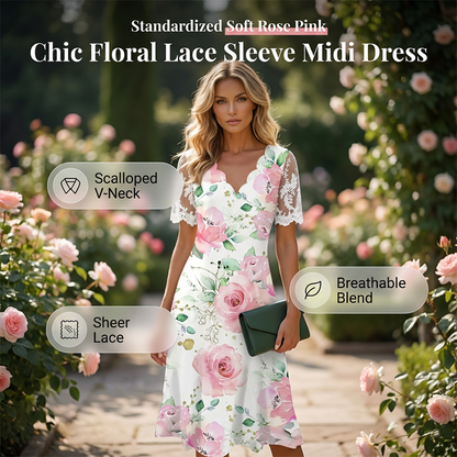 Women's Floral Print Lace Sleeve Dress