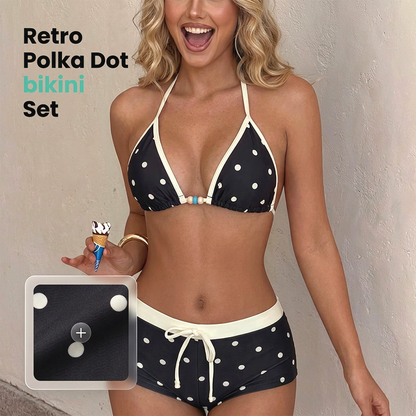 👙 ОГРАНИЧЕНО ВРЕМЕ 50% ОТСТЪПКА! ✨ Комплект бикини с точки и връзка на врата – Ретро, Еластичен, Шорти 🌊