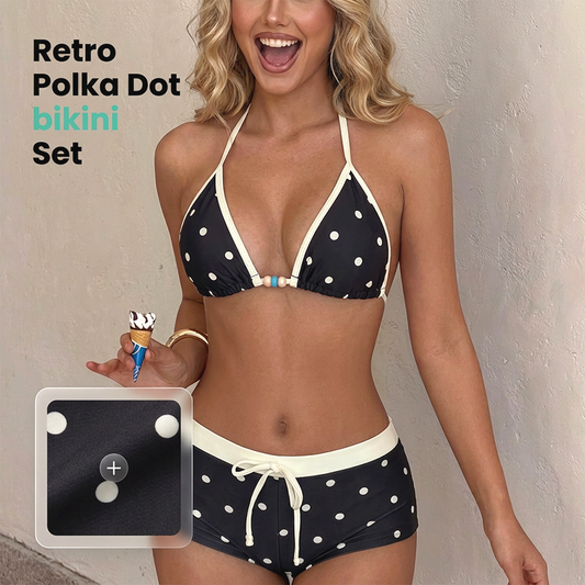 👙 ОГРАНИЧЕНО ВРЕМЕ 50% ОТСТЪПКА! ✨ Комплект бикини с точки и връзка на врата – Ретро, Еластичен, Шорти 🌊
