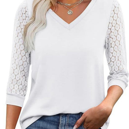 Damski Casual Top z Dekoltem w Kształcie Litery V, Koronką i Rękawem 3/4👕😍