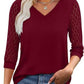Damski Casual Top z Dekoltem w Kształcie Litery V, Koronką i Rękawem 3/4👕😍