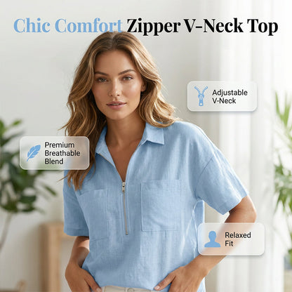 👚 30% ОТСТЪПКА СЕГА! ⚡ Женски ежедневен топ с V-образно деколте, цип и къс ръкав – Мека и дишаща – Модерна кройка, лесен ципов акцент – идеален за ежедневно носене или летни слоеве 🌸
