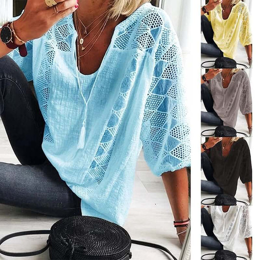 👚 30% НАМАЛЕНИЕ СЕГА! 🌸 Блуза за жени с U-образно деколте и плетка – Шнур с пискюли и къси ръкави – Шик лятно ежедневие 🌿