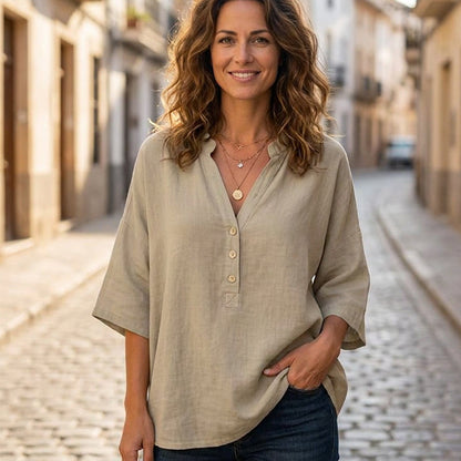 Women's Half Sleeve Button-Up V-Neck Shirts
