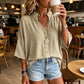 Women's Half Sleeve Button-Up V-Neck Shirts