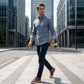 Nowoczesna koszula męska w kratę windowpane – kontrastowe detale, kołnierzyk button-down, mieszanka premium ✨