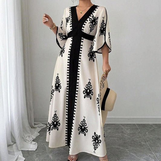 👗Elegancka sukienka maxi z nadrukiem i dekoltem w serek dla kobiet