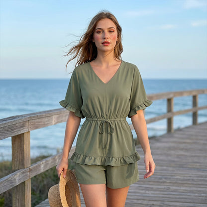 👗 45% ОТСТЪПКА СЕГА! 🌸 Дамски ежедневен комбинезон с V-образно деколте – свободен и лек – идеален за плажни дни или летни партита – лесен, въздушен стил в една част ✨🌊