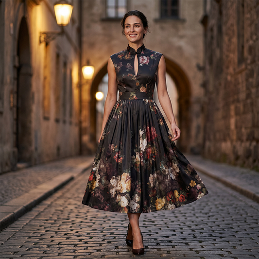 Elegancka sukienka damska bez rękawów z kwiatowym wzorem