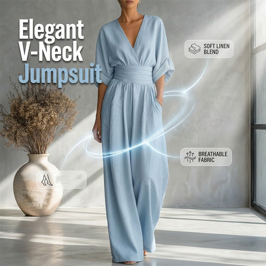 Női V-nyakú, magas derekú, széles szárú jumpsuit