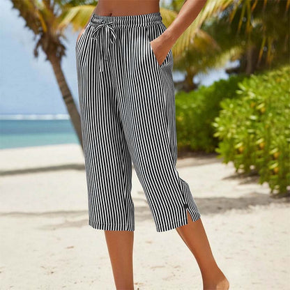 👇Дамски капри панталони от памучен лен с райе и джобове🏖️😍