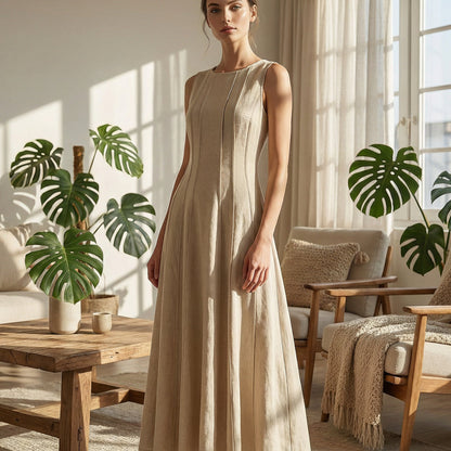 👗✨ Дамска елегантна макси рокля без ръкави с плиси – Кръгло деколте, A-линия, S–2XL 🌟