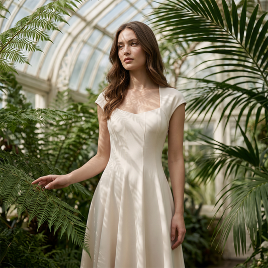 👗✨ Дамска елегантна дълга рокля с квадратно деколте и капсулни ръкави – A-линия, Обтегнат силует, S–XL 🌟