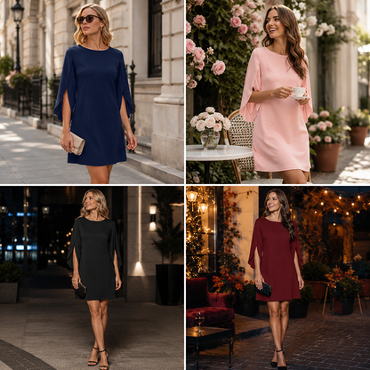👗🌸Дамска елегантна рокля с пелерина и кръгло деколте — изискана, въздушна🌟