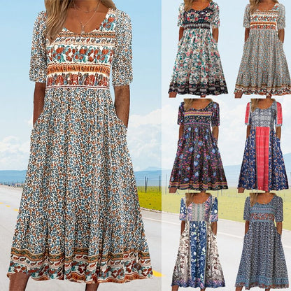 👗 Women's Elegant Bohemian Print Dress — Floral Boho Maxi with V-Neck
