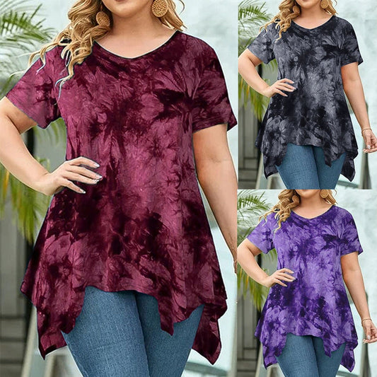 👚🌫️Дамска блуза tie-dye с V-образно деколте, неправилна форма, къс ръкав — свободна, уникална🌀