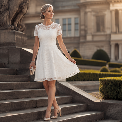 👗✨ Дамска елегантна дантелена рокля – A-силует, Кръгло деколте, Кратък ръкав, S–2XL 🌟