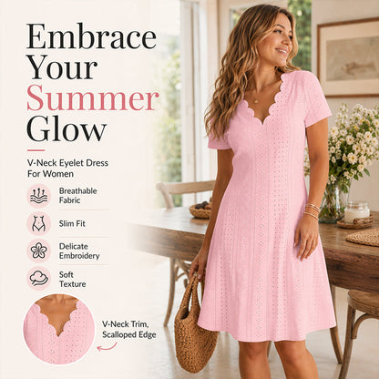 👗Top Pick - V-Neck Eyelet Dress with Scallop Trim – Lightweight & Romantic for Garden Parties or Brunch 🌿