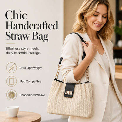 Women’s Woven Straw Shoulder Bag with Faux Leather Trim