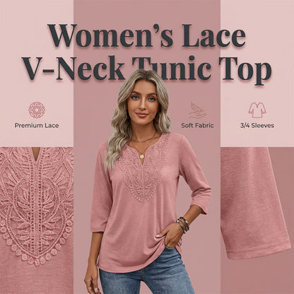 Women's V-Neck Lace Trim 3/4 Sleeve Tunic Top