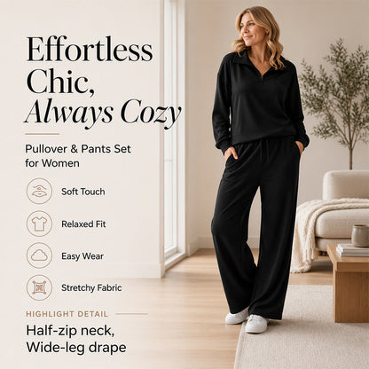 Women's Half-Zip Lapel Top and Wide-Leg Pants Set