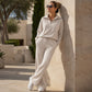Women's Half-Zip Lapel Top and Wide-Leg Pants Set