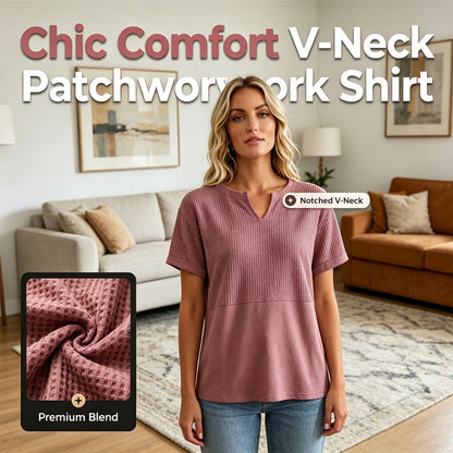 Women's Casual V-neck Patchwork Short-Sleeved Shirt