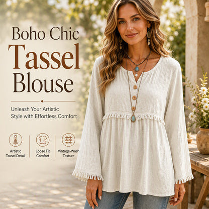 Women's Casual Loose Long Sleeve Fringe Top