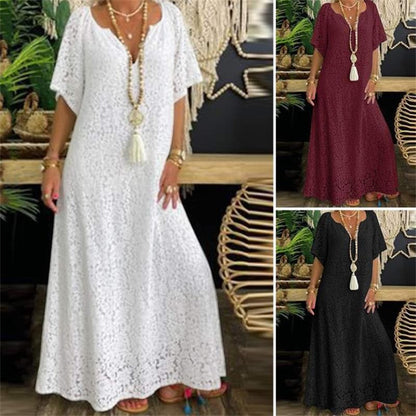 👗✨ Sukienka maxi z koronki, dekolt w kształcie litery V, rękawy motylkowe, styl retro-bohemy — biała, bordowa, czarna 👗