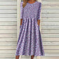 👗✨ Sukienka midi z kwiatowym nadrukiem i elastyczną, marszczoną talią, rękawami 3/4, zwiewną spódnicą — różowa, niebieska, zielona, fioletowa 👗