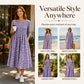 👗✨ Sukienka midi z kwiatowym nadrukiem i elastyczną, marszczoną talią, rękawami 3/4, zwiewną spódnicą — różowa, niebieska, zielona, fioletowa 👗