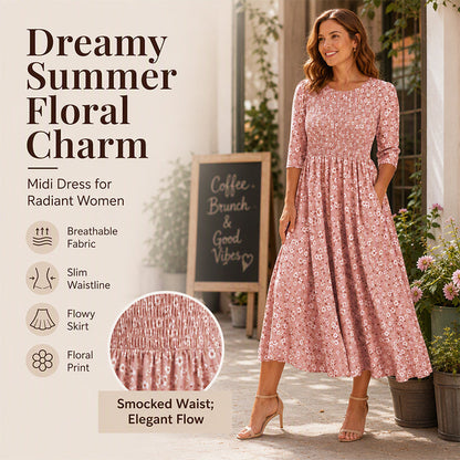 👗✨ Sukienka midi z kwiatowym nadrukiem i elastyczną, marszczoną talią, rękawami 3/4, zwiewną spódnicą — różowa, niebieska, zielona, fioletowa 👗
