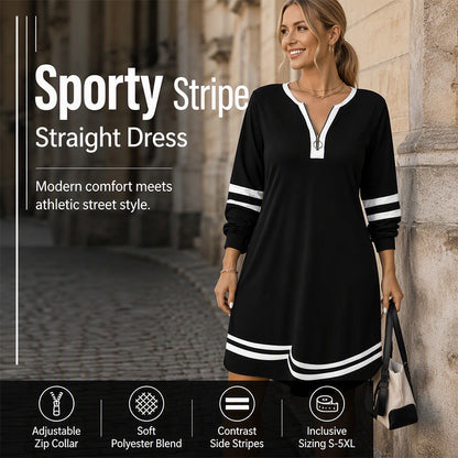 👗✨ Sukienka Casual w Paski Sportowe, Zamek do Połowy, Długi Rękaw, Luźna — Czarna, Biała — S-5XL 👗
